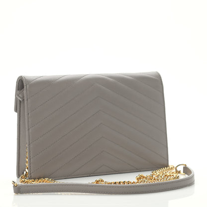 Saint Laurent Grain De Poudre Matelasse Chevron Monogram Envelope Chain Wallet Coal 3 of 15