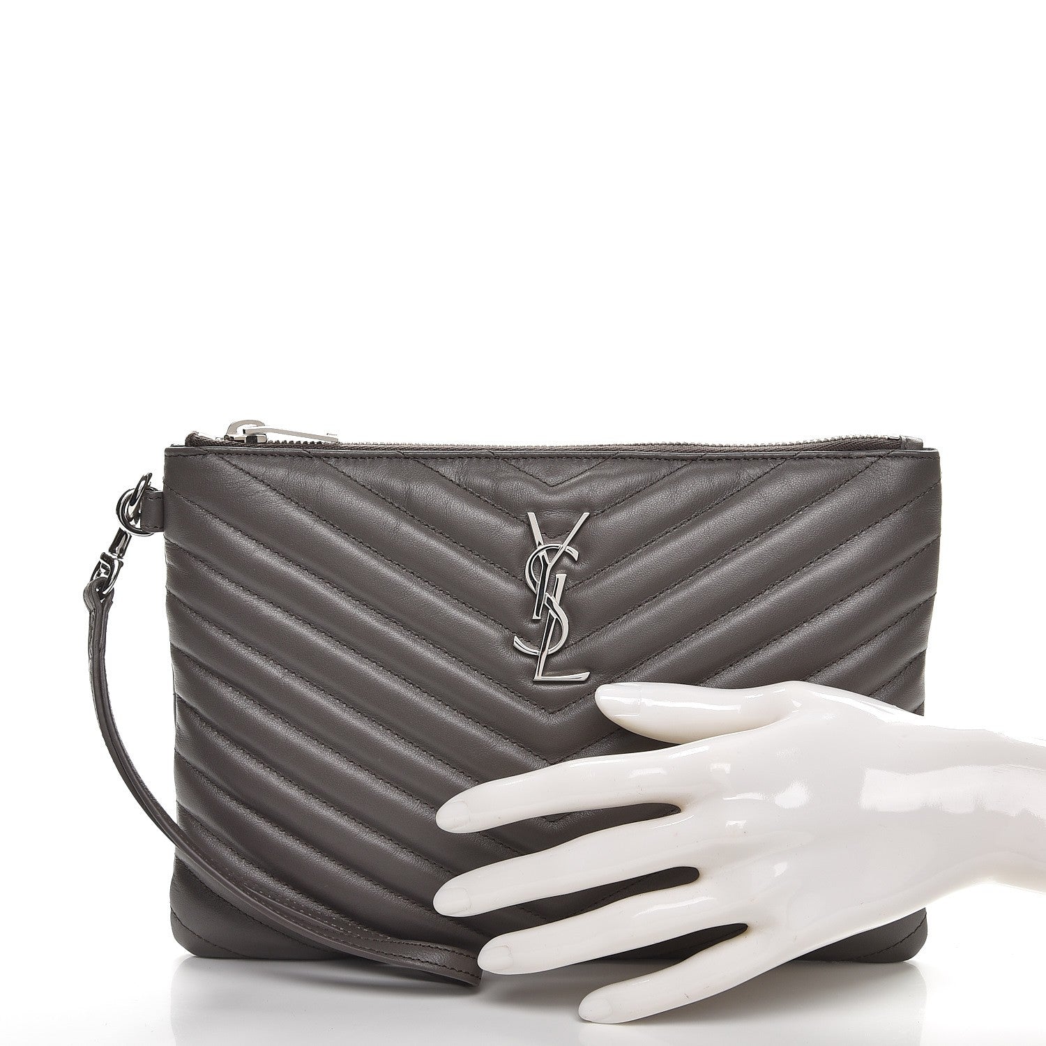 Saint Laurent Calfskin Matelasse Chevron Monogram A5 Wristet Earth 2 of 7