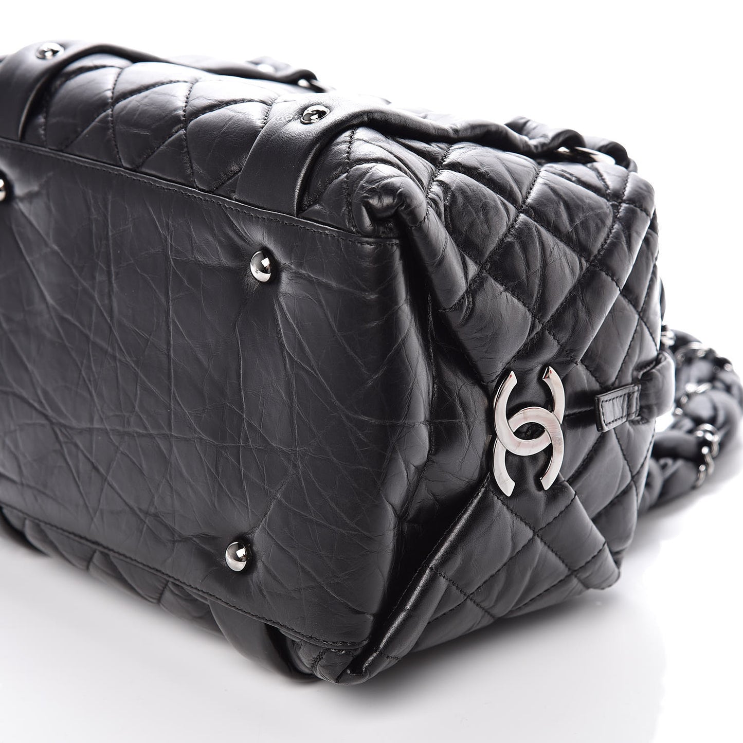 Distressed Lambskin Lady Braid Small Tote Black