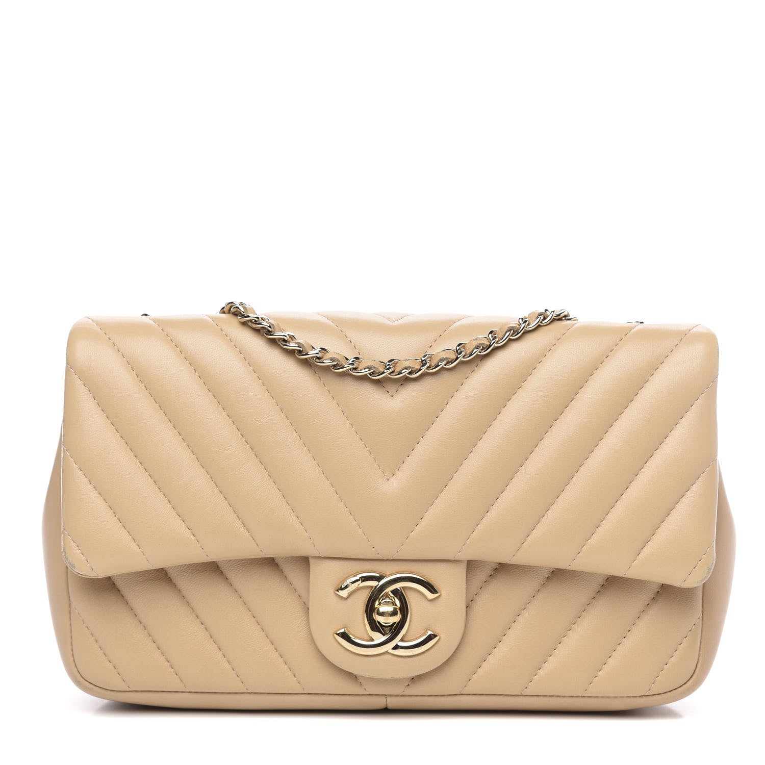 Chanel Lambskin Chevron Quilted Small Single Flap Light Beige 1 of 17