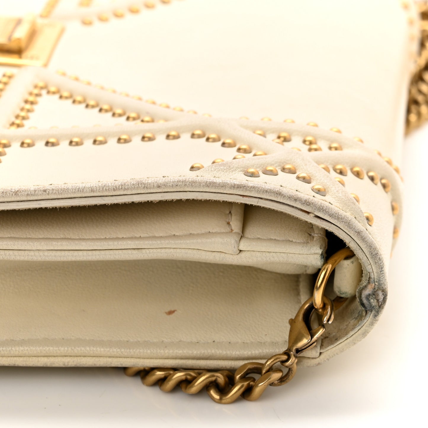 Lambskin Studded Diorama Wallet on Chain Pouch Off White