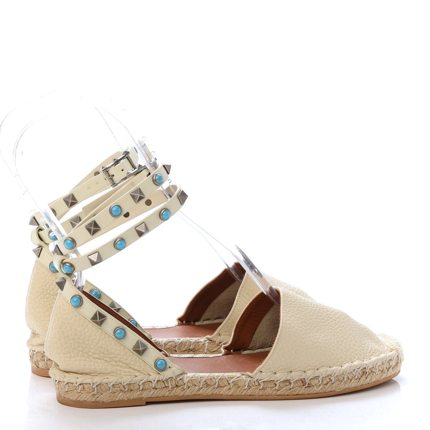 Grained Calfskin Turquoise Rockstud Rolling Ankle Wrap Espadrille 20mm Flats 37 Light Ivory Natural