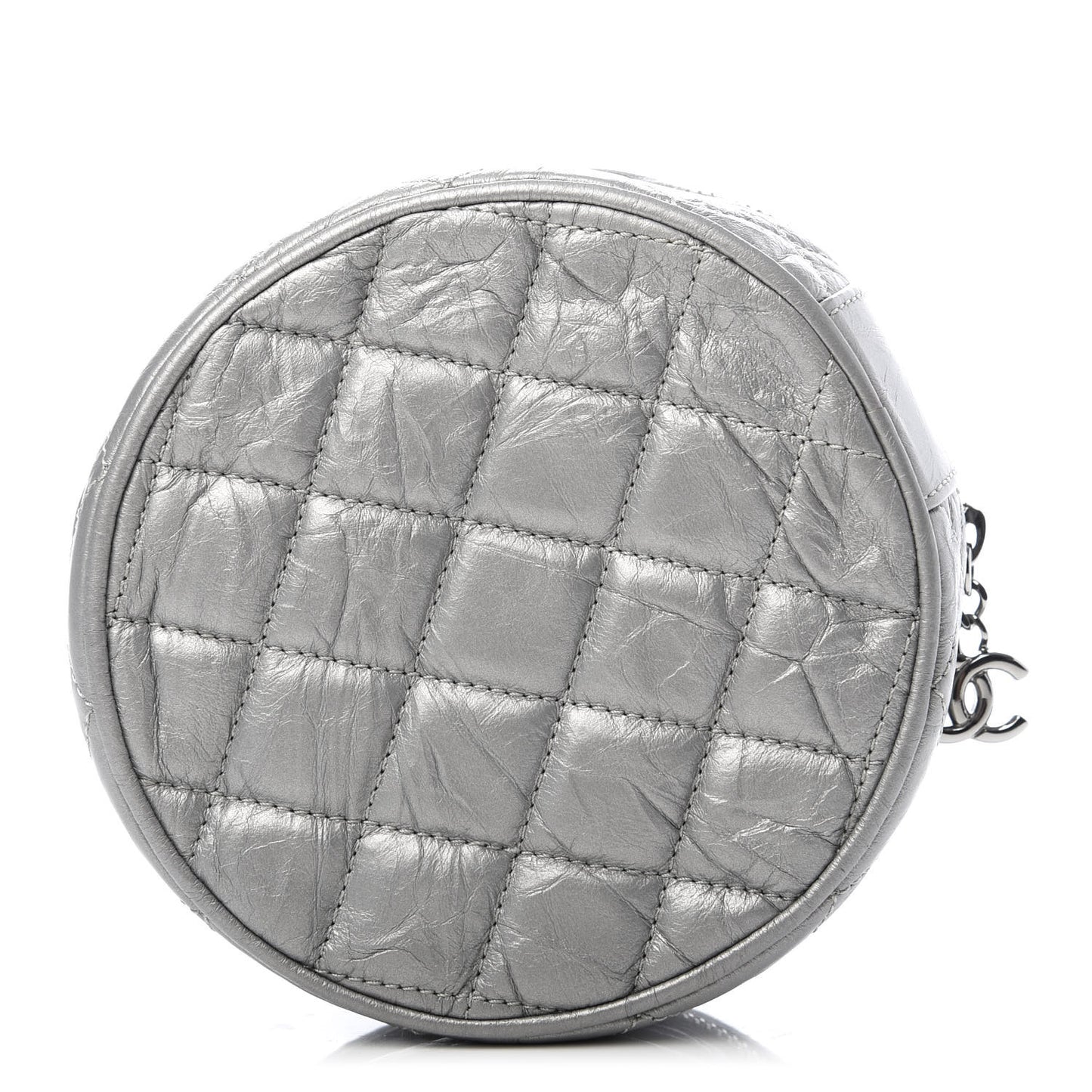 Metallic Aged Calfskin Quilted Round Bag Silver