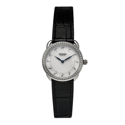 Hermes Stainless Steel Alligator Diamond Mother of Pearl 28mm Arceau Quartz Watch Noir 1 of 5