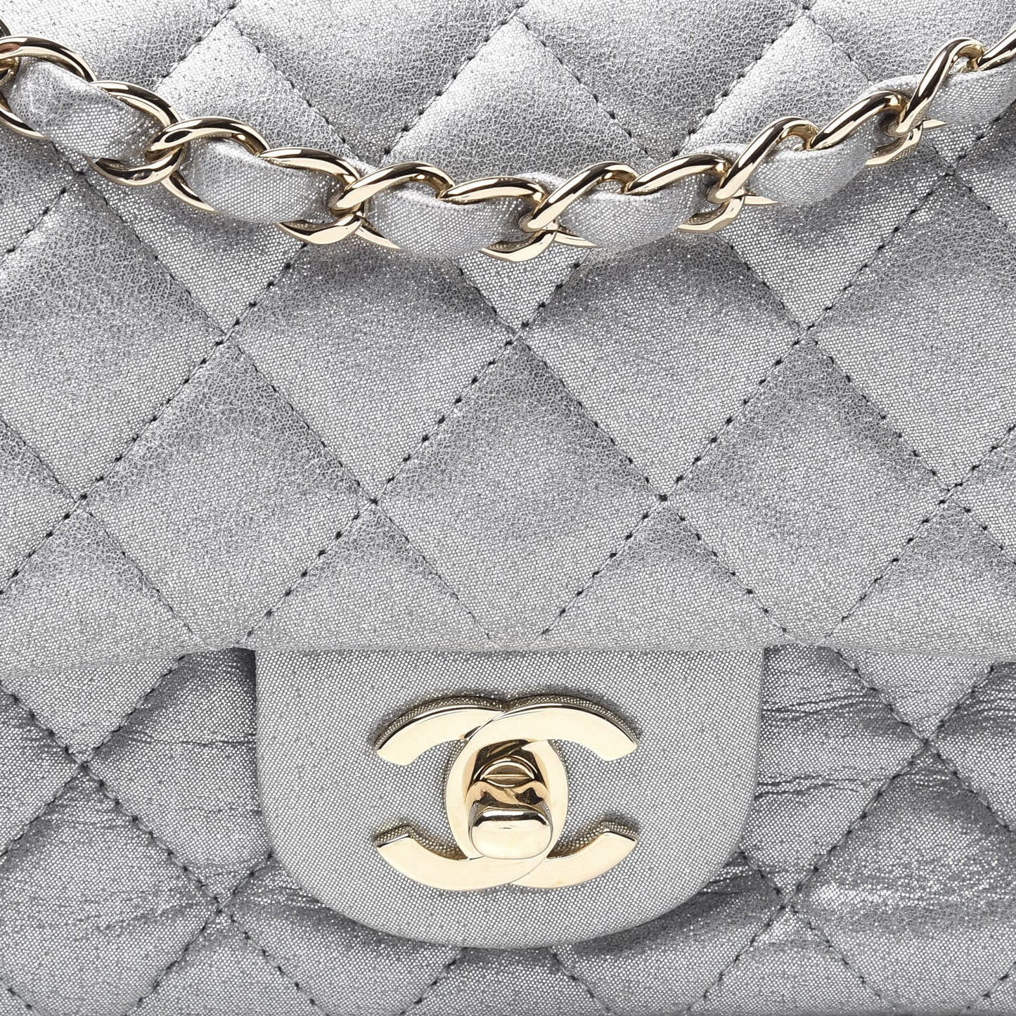 Iridescent Calfskin Quilted Mini Rectangular Flap Silver