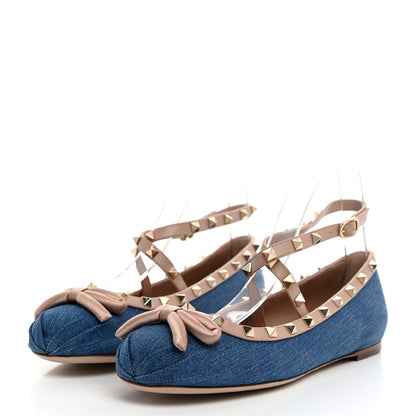 Valentino Garavani Denim Rockstud Bow Ankle Strap Ballerina Flats 41.5 Blue Rose Cannelle 3 of 9