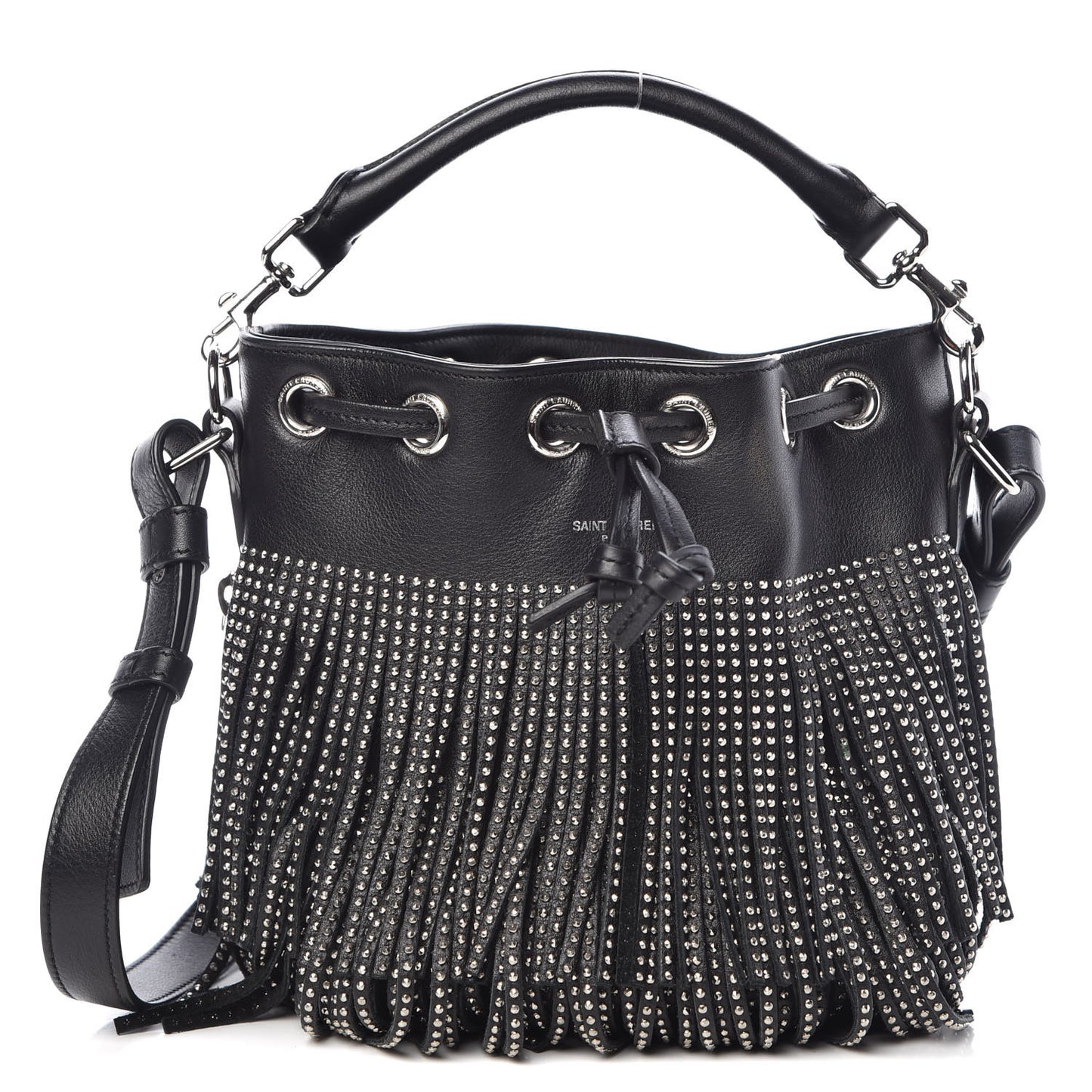 Calfskin Studded Small Emmanuelle Fringe Bucket Bag Black