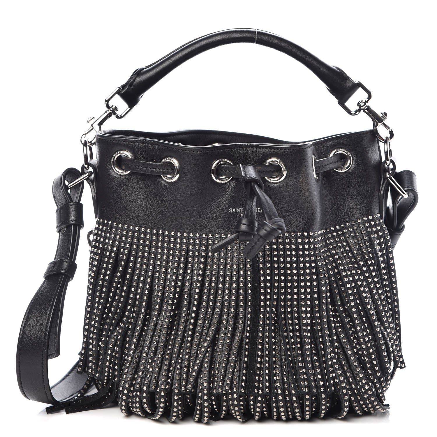 Saint Laurent Calfskin Studded Small Emmanuelle Fringe Bucket Bag Black 1 of 10
