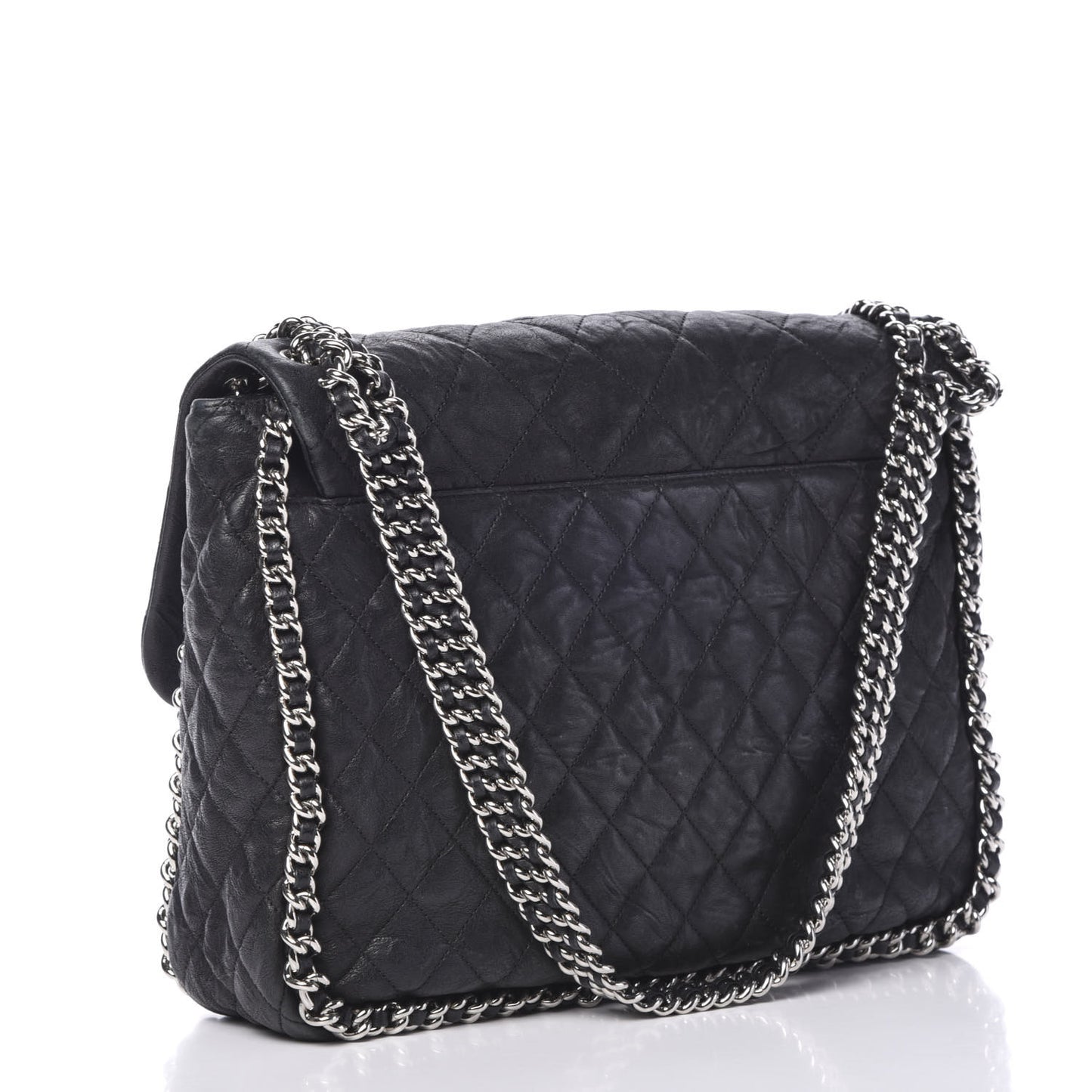 Washed Lambskin Quilted Maxi Chain Around Flap Black