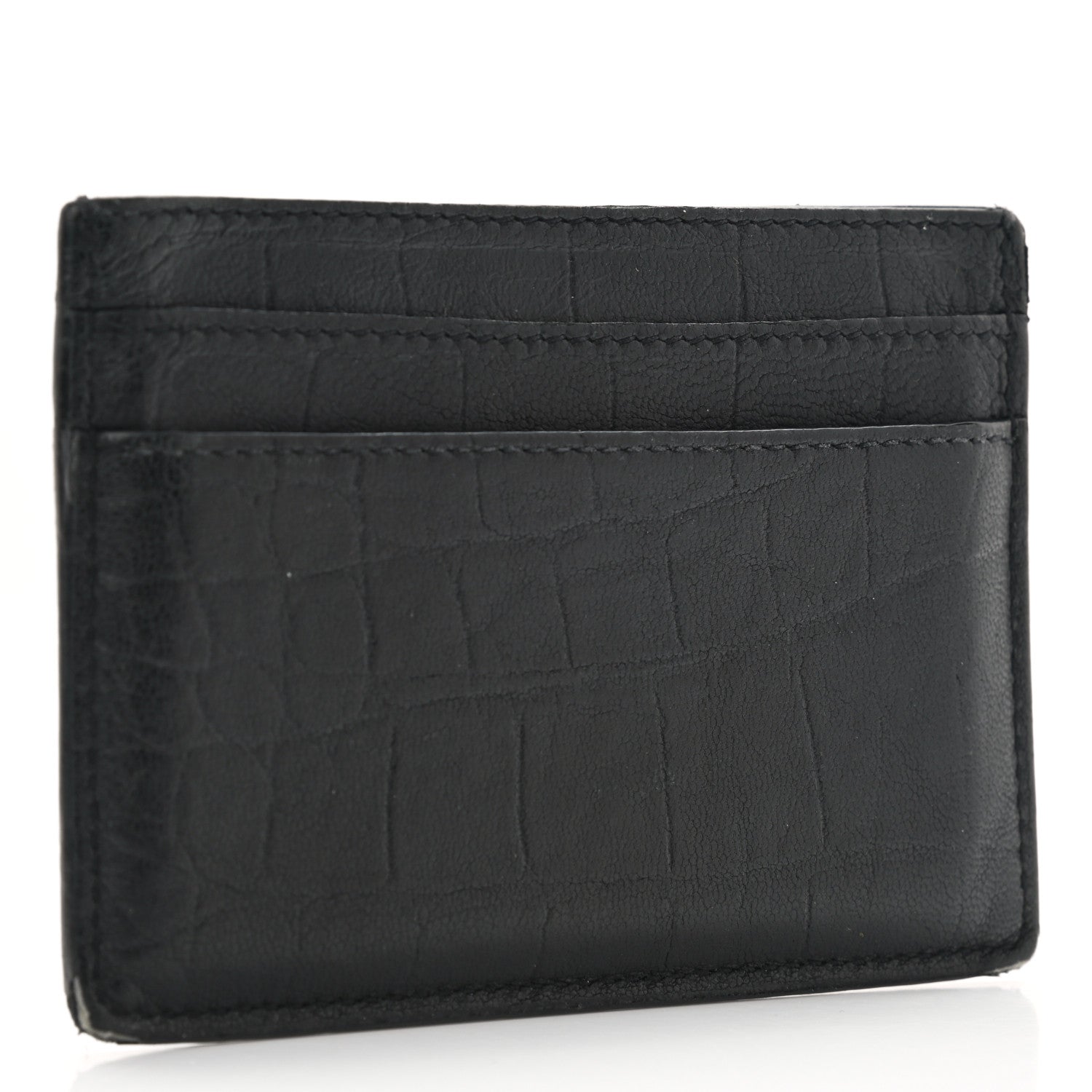 Saint Laurent Calfskin Crocodile Embossed Monogram Credit Card Case Black 3 of 10