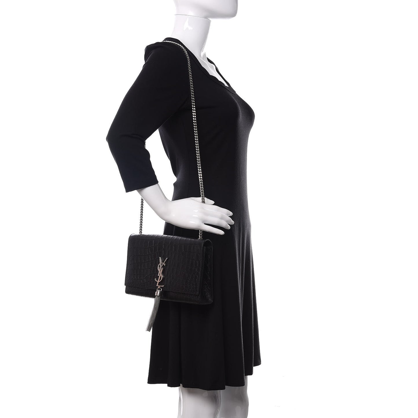 Calfskin Crocodile Embossed Medium Classic Monogram Kate Tassel Satchel Black
