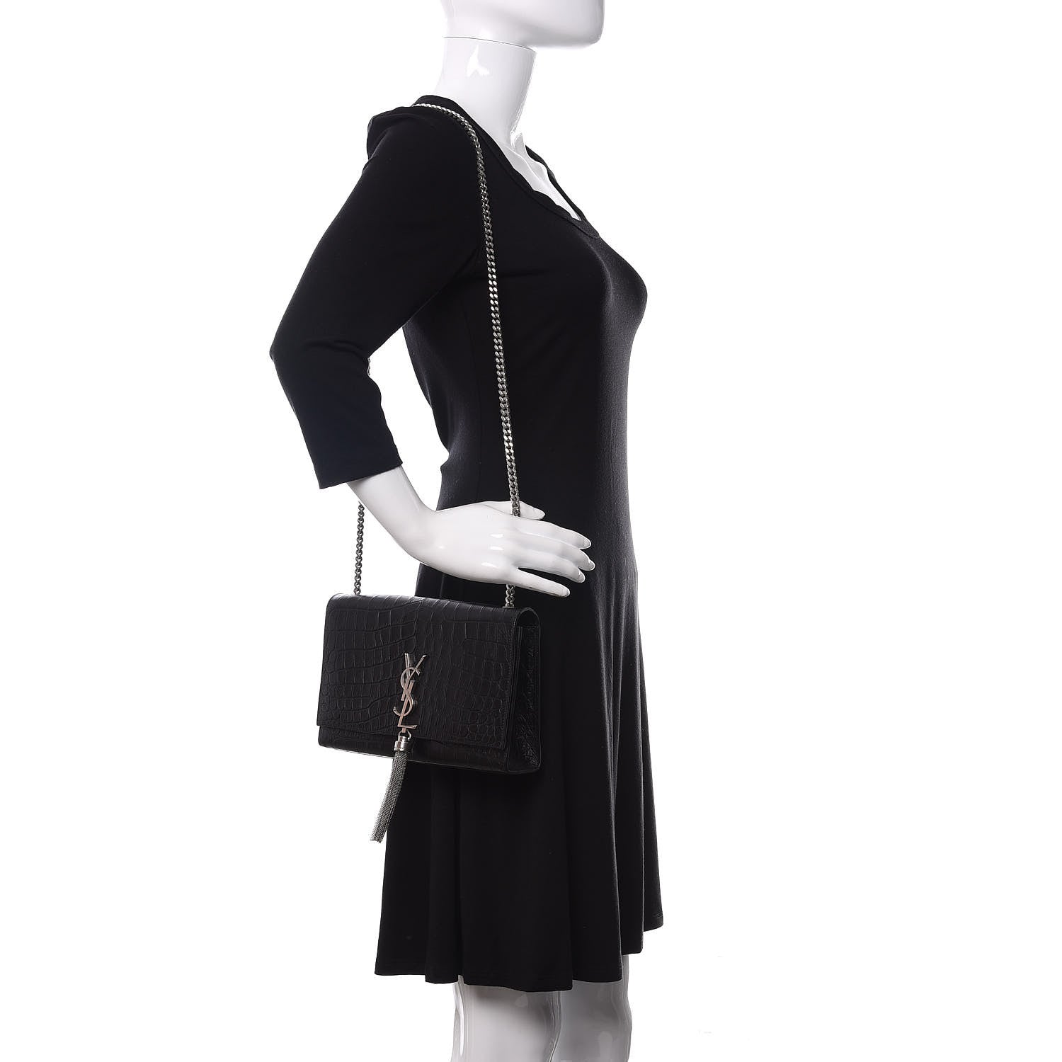Saint Laurent Calfskin Crocodile Embossed Medium Classic Monogram Kate Tassel Satchel Black 2 of 10