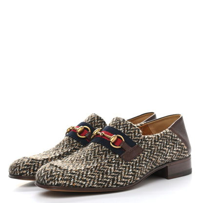 Gucci Tweed Web Herringbone Mens Horsebit Loafers 8 Dark Brown 3 of 10