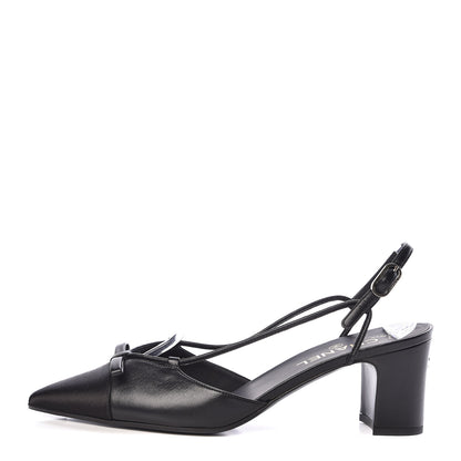 Chanel Lambskin Satin Slingback Cap Toe Bow Pumps 39.5 Black 1 of 9