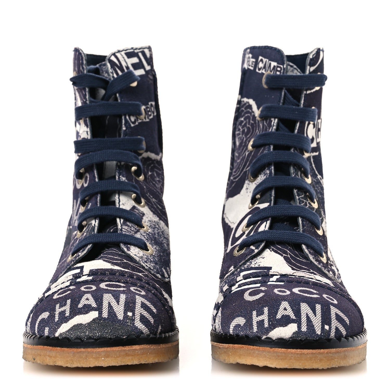 Chanel Suede Calfskin Printed CC 31 Rue Cambon Lace Up Combat Boots 39.5 White Navy 3 of 12