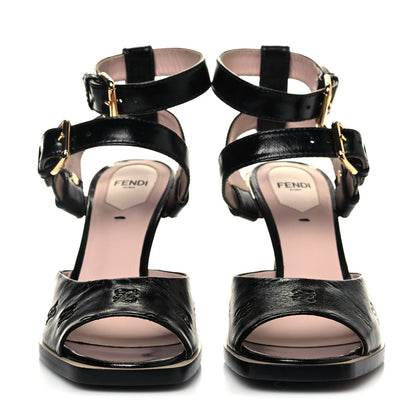 Fendi Vitello Karligraphy Embossed FFrame Ankle Strap Sandals 38 Black 2 of 8