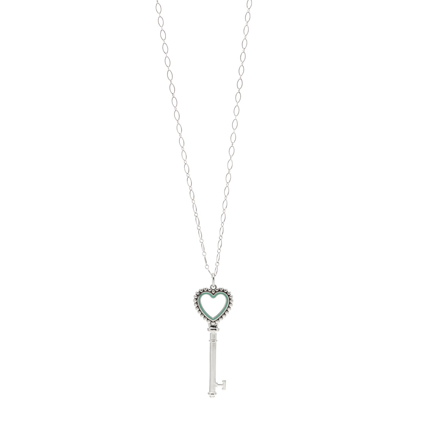 Sterling Silver Enamel Beaded Heart Key Pendant Necklace Blue