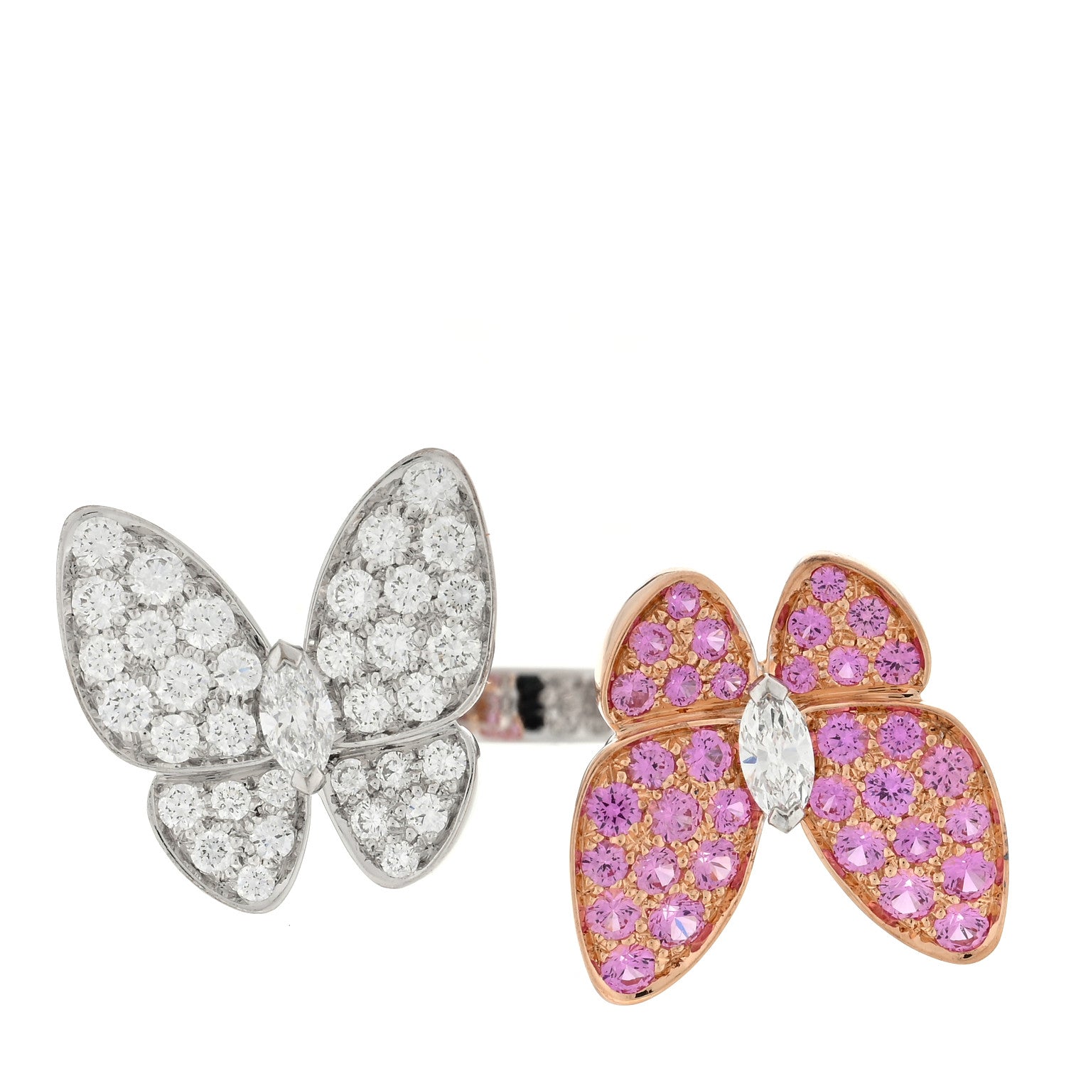 Van Cleef & Arpels 18K White Rose Gold Diamond Pink Sapphire Two Butterfly Between The Finger Ring 54 7 1 of 4