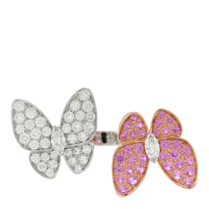 Van Cleef & Arpels 18K White Rose Gold Diamond Pink Sapphire Two Butterfly Between The Finger Ring 54 7 1 of 4