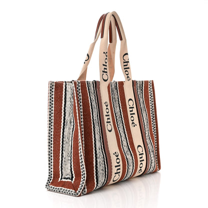 Chloe Woven Linen Large Woody Striped Ribbon Tote Sepia Brown 3 of 14