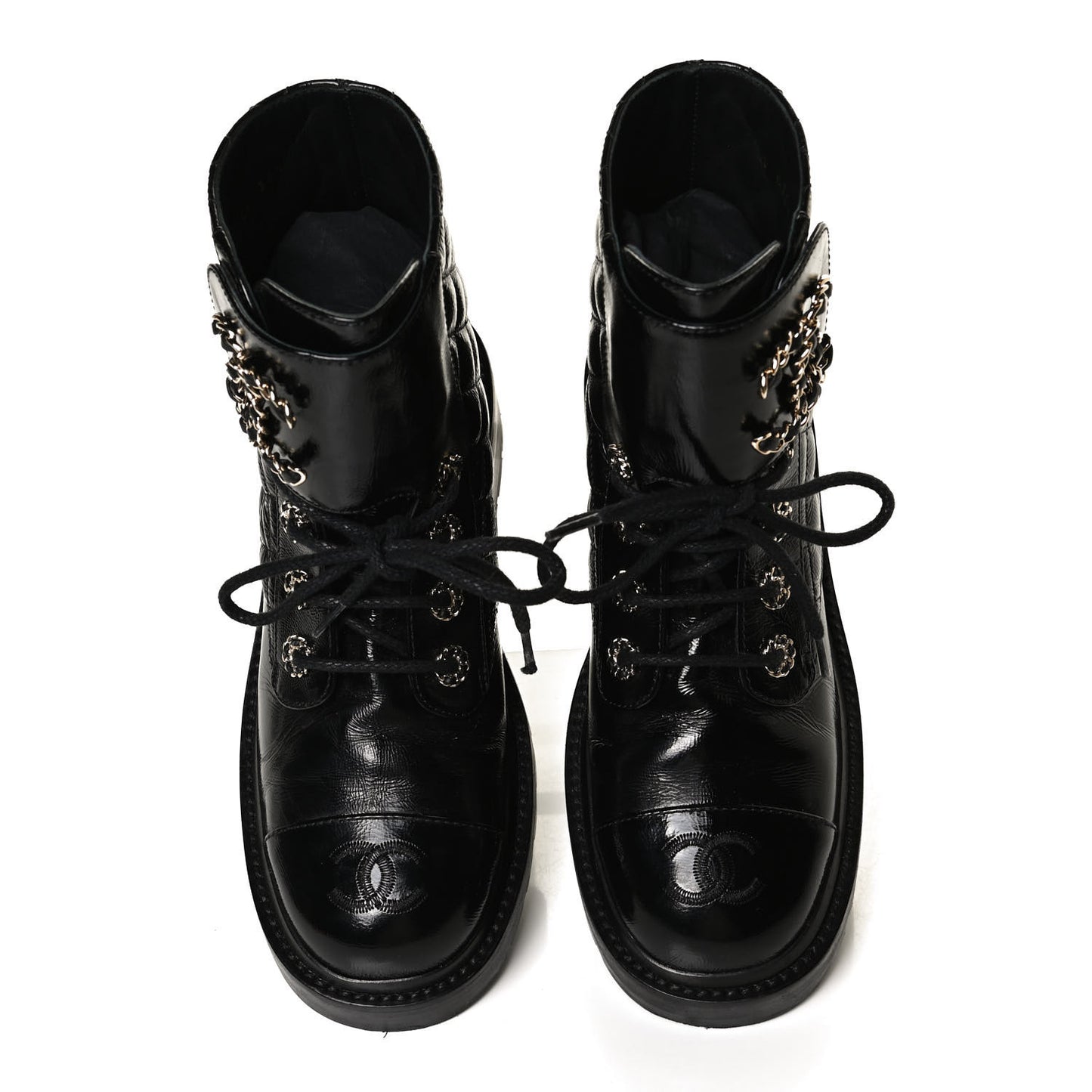 Shiny Calfskin Quilted Lace Up Combat Boots 35.5 Black