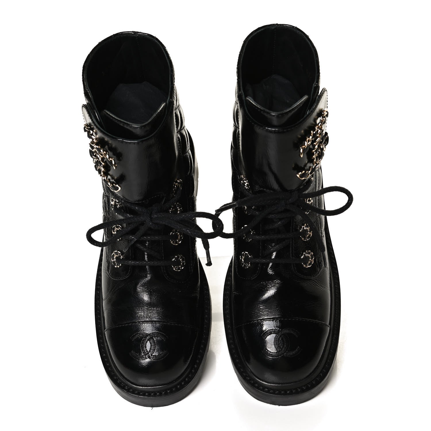Chanel Shiny Calfskin Quilted Lace Up Combat Boots 35.5 Black 5 of 14