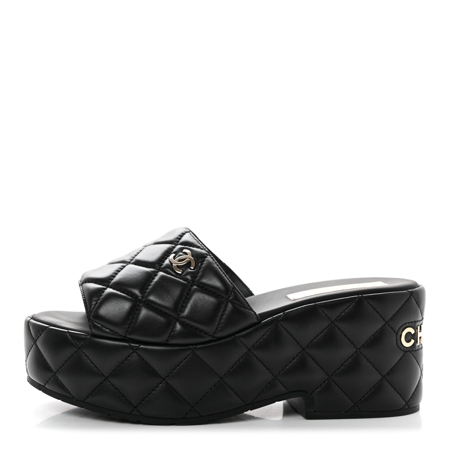 Lambskin Quilted CC Mules Wedge Sandals 39 Black