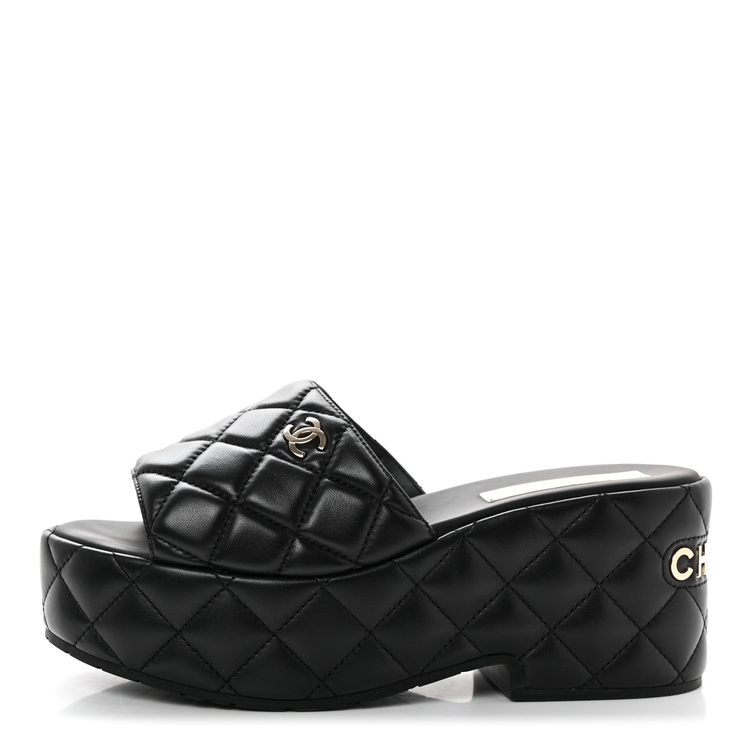Chanel Lambskin Quilted CC Mules Wedge Sandals 39 Black 1 of 9