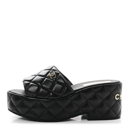 Chanel Lambskin Quilted CC Mules Wedge Sandals 39 Black 1 of 9