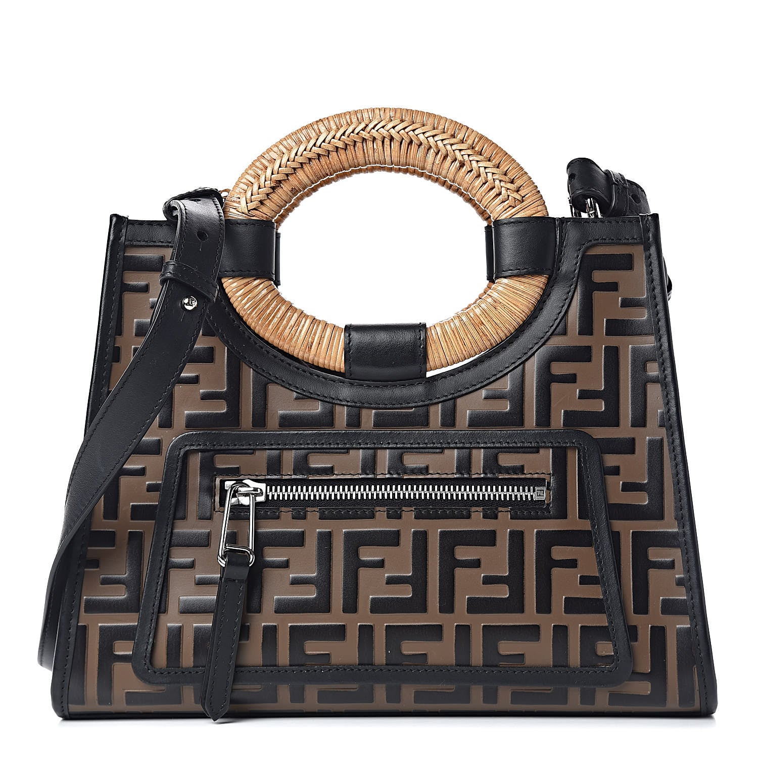Fendi Vitello Century Wicker Bi-Color FF 1974 Embossed Small Runaway Shopper Tote Maya Black 1 of 11