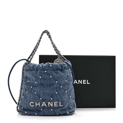 Chanel Washed Denim Quilted Studded Mini Chanel 22 Blue 10 of 10