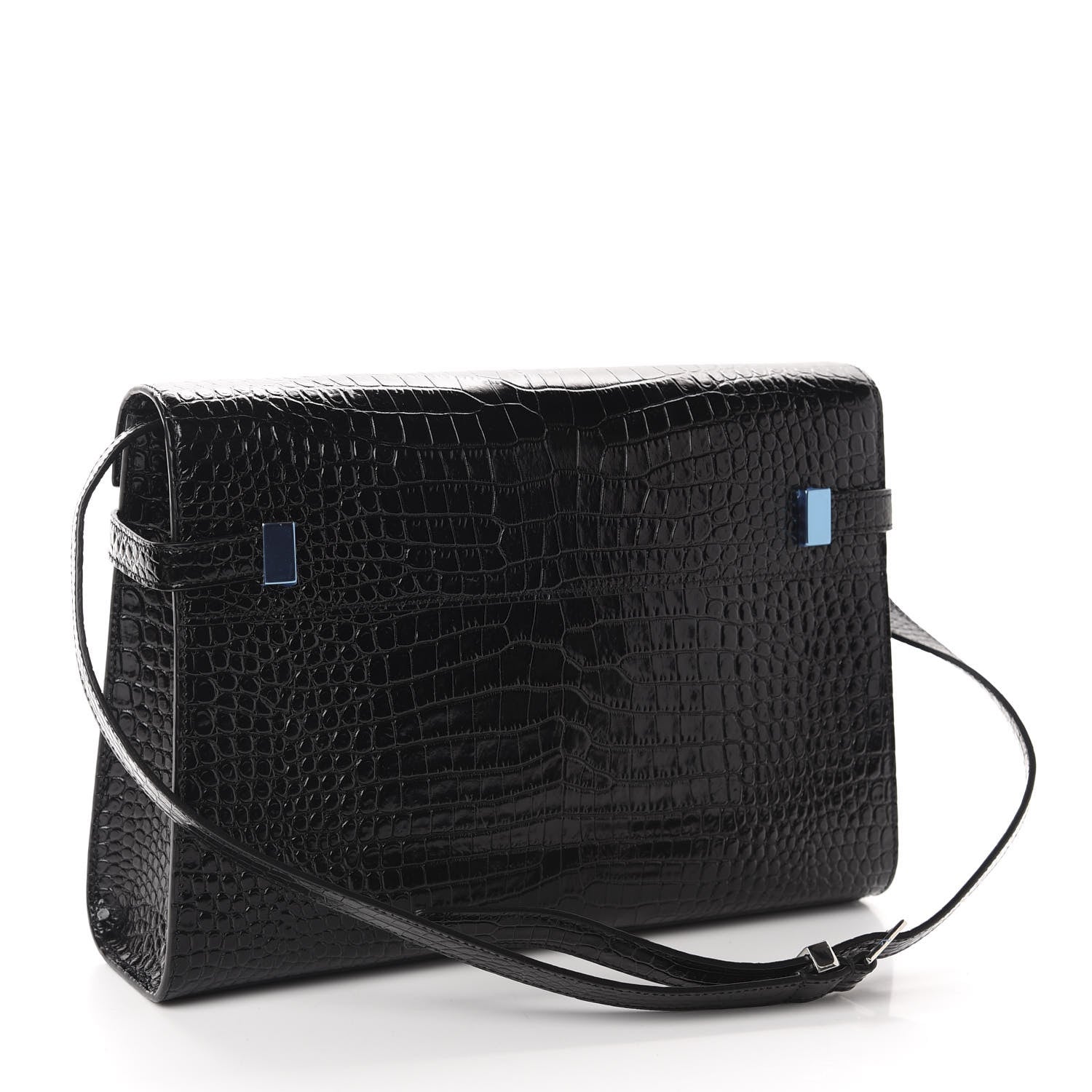 Saint Laurent Shiny Calfskin Crocodile Embossed Manhattan Baguette Black 3 of 10