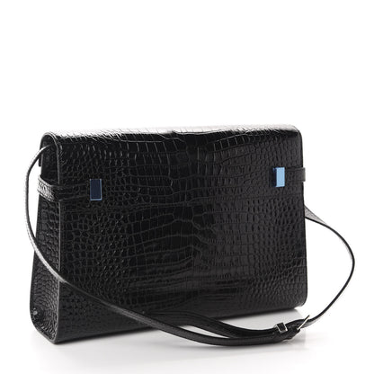Saint Laurent Shiny Calfskin Crocodile Embossed Manhattan Baguette Black 3 of 10