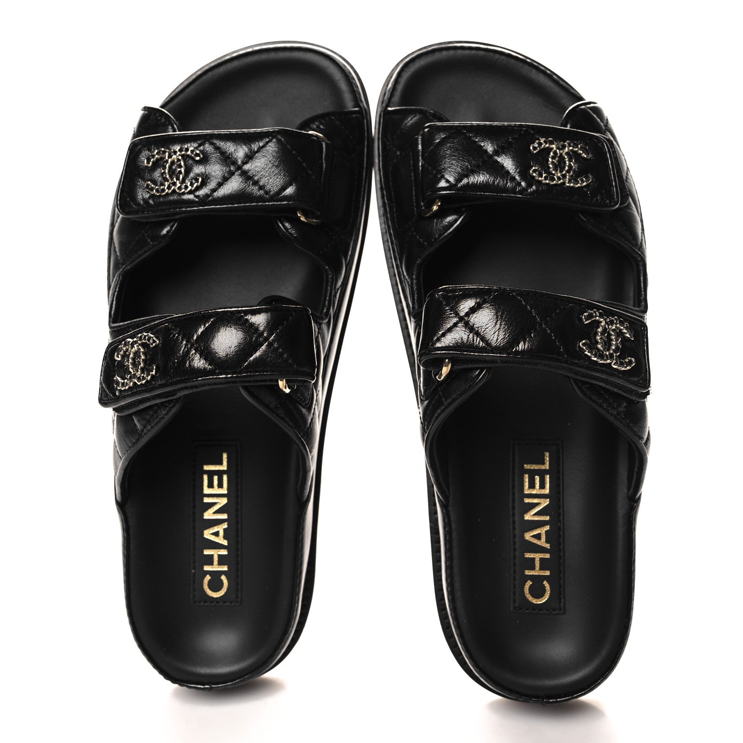 Chanel Lambskin Quilted Velcro Dad Chain CC Slide Sandals 37 Black 2 of 9
