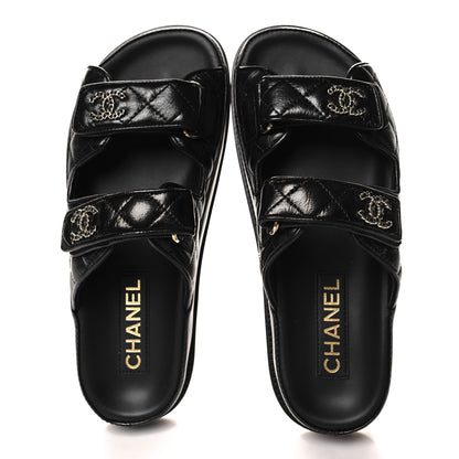 Chanel Lambskin Quilted Velcro Dad Chain CC Slide Sandals 37 Black 2 of 9