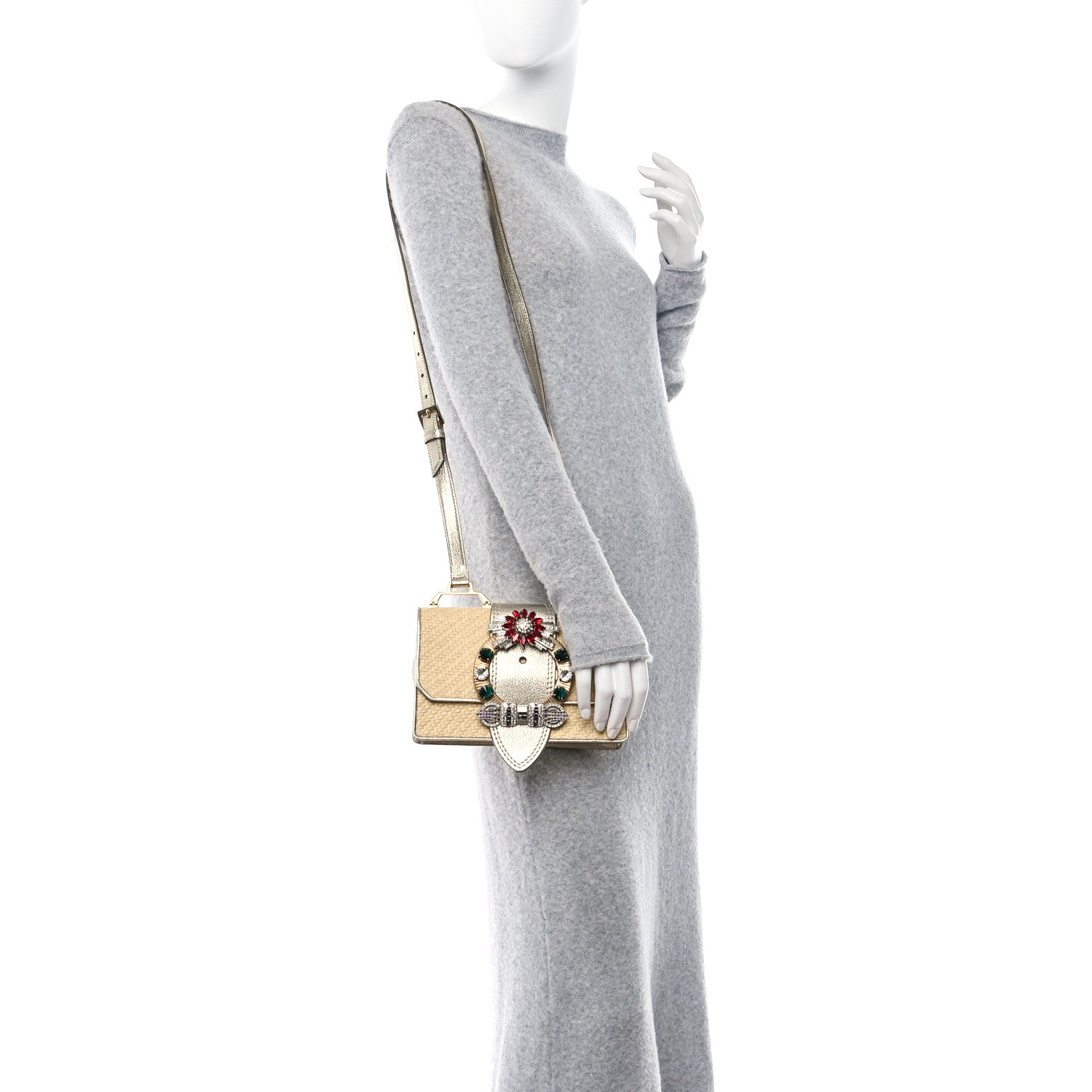 Miu Miu Raffia Madras Crystal Embellished Lady Shoulder Bag Naturale Pirite 2 of 9