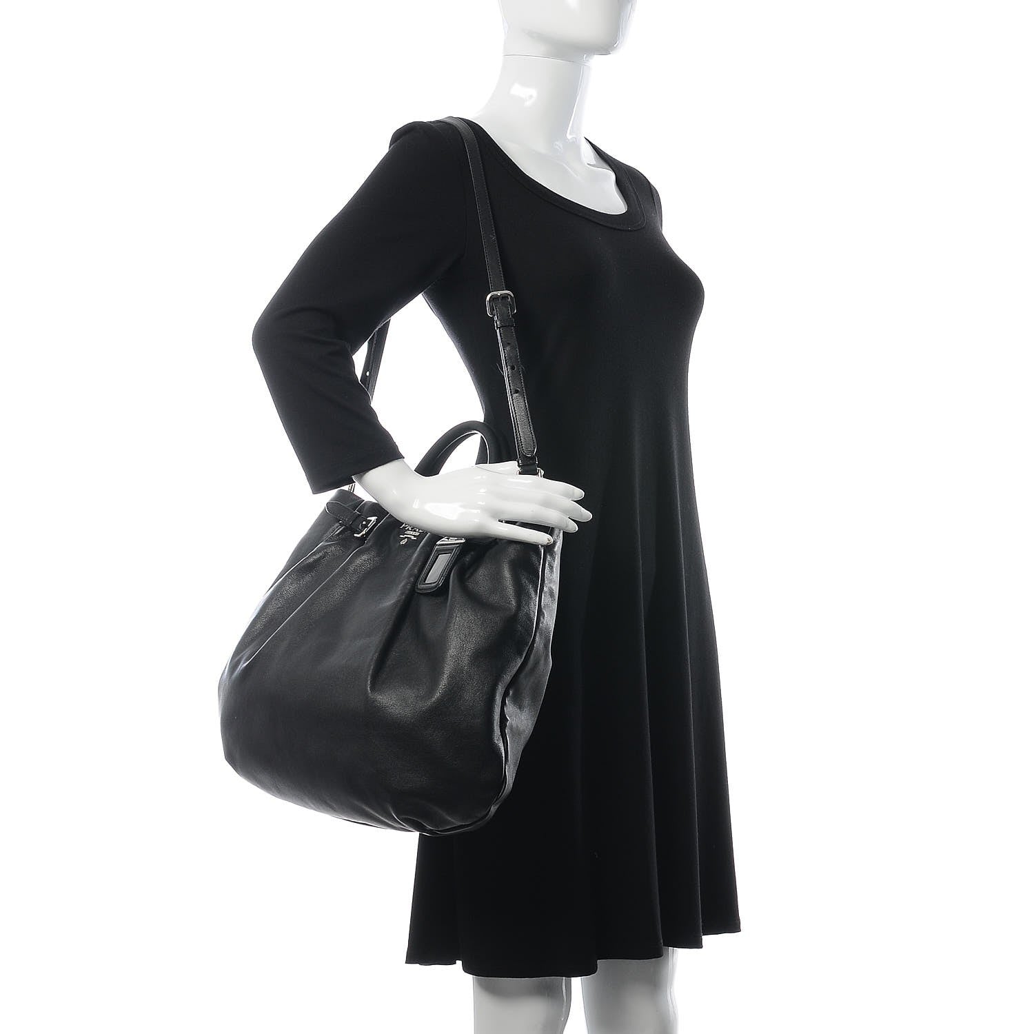 Prada Soft Calf Pleated Tote Black 2 of 11