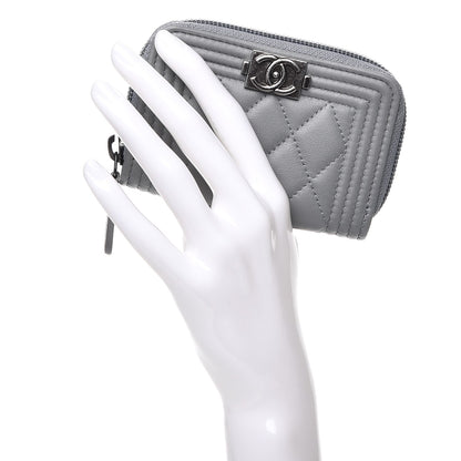 Chanel Calfskin Quilted Boy Zip Around Coin Purse Wallet Grey 2 of 8