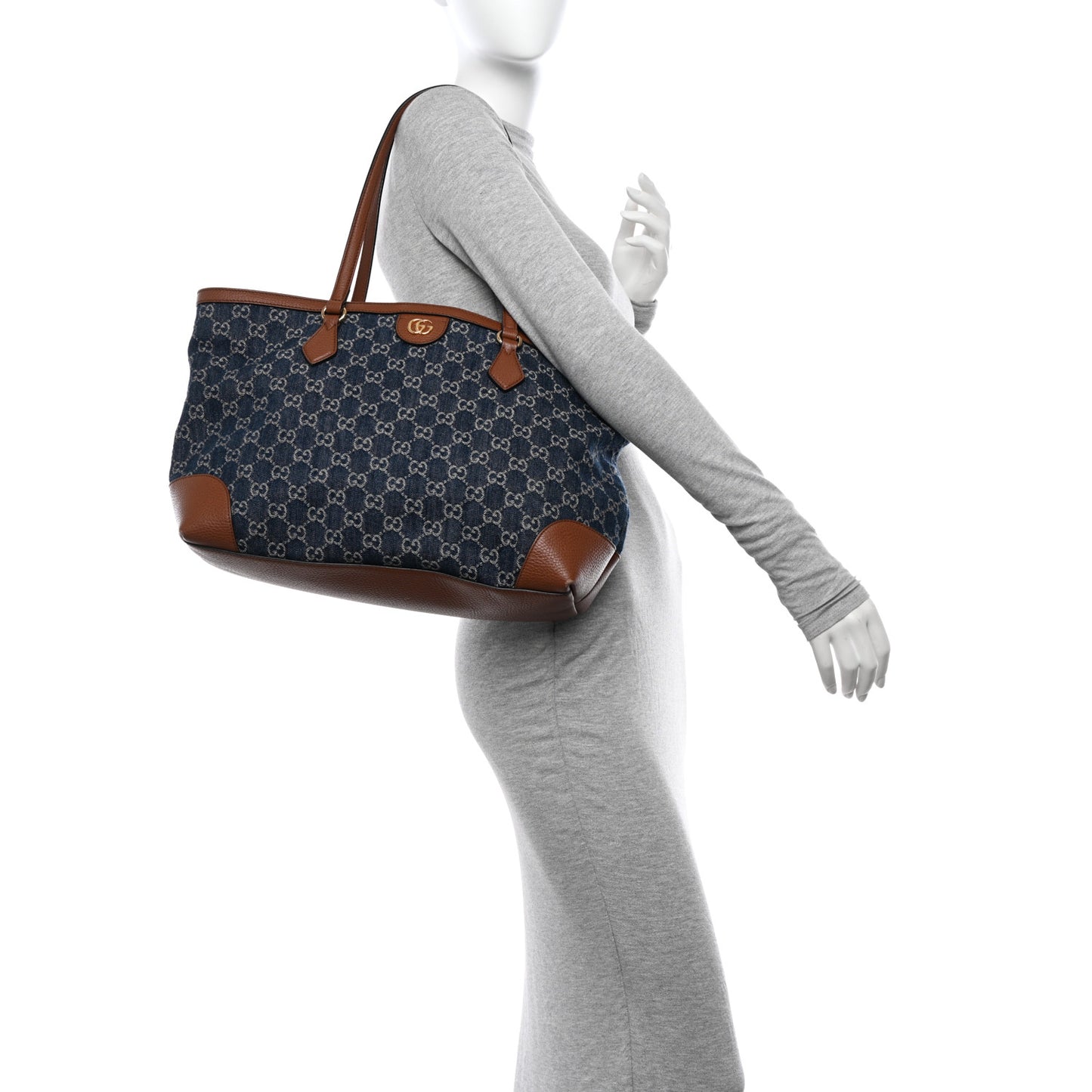 New Denim GG Monogram Medium Ophidia Shopping Tote Blue Tea Cuir