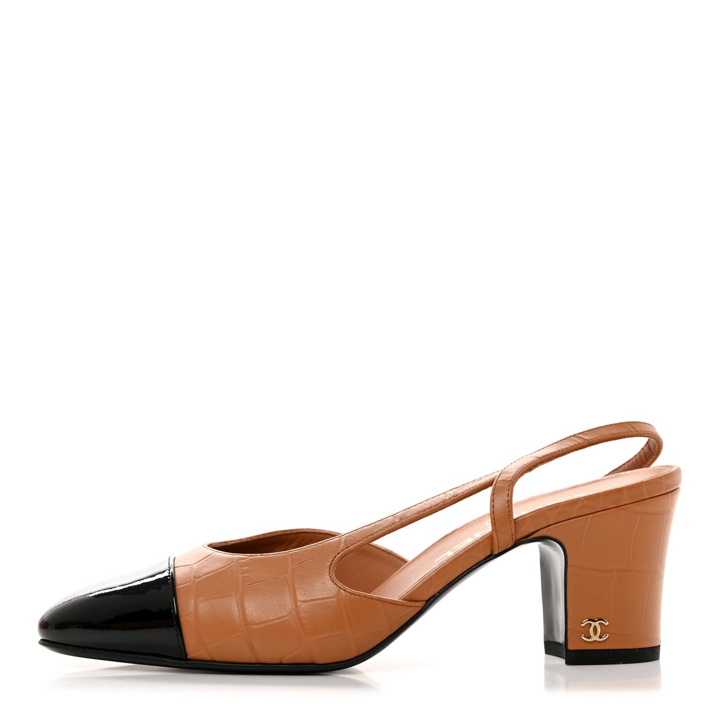 Calfskin Crocodile Embossed Patent Cap Toe CC Slingback Pumps 37.5 Light Brown Black