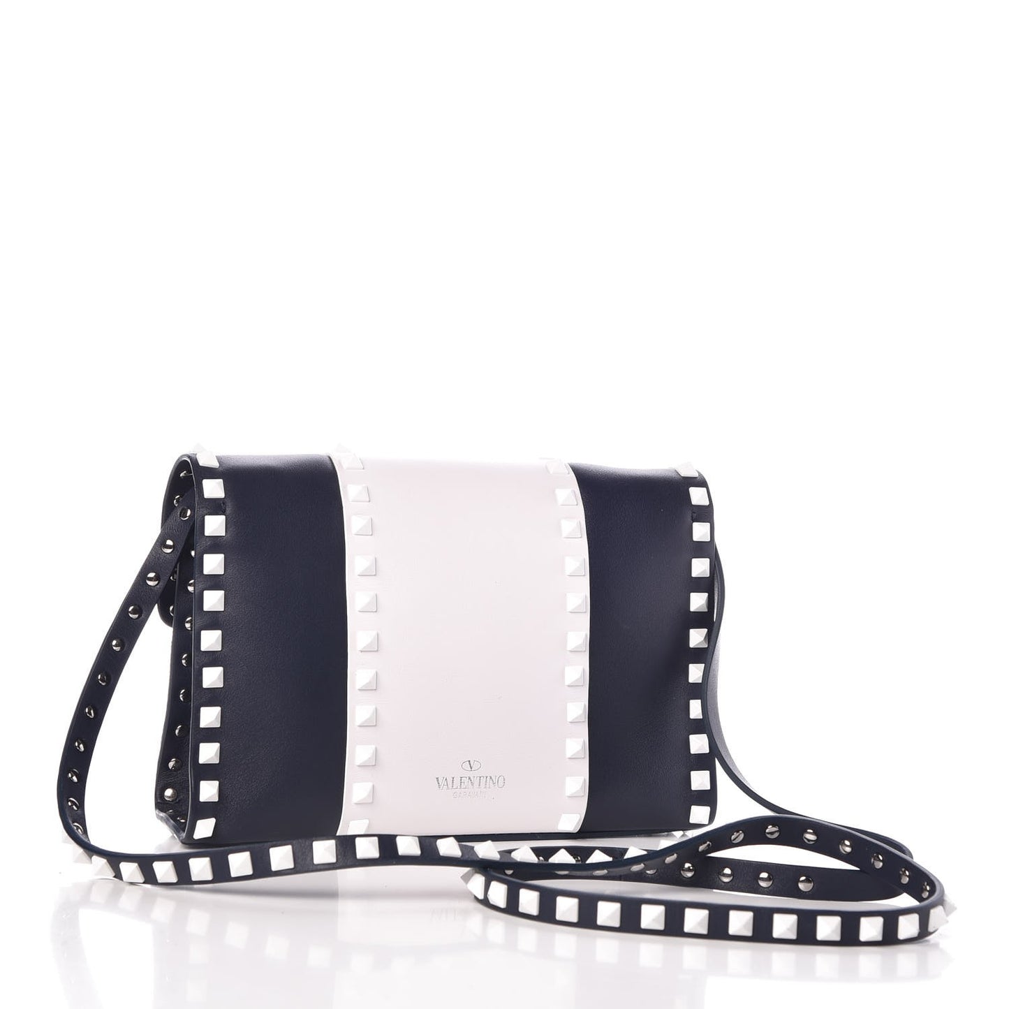 Vitello Colorblock Medium Free Rockstud Flip Lock Crossbody Bag Marine White
