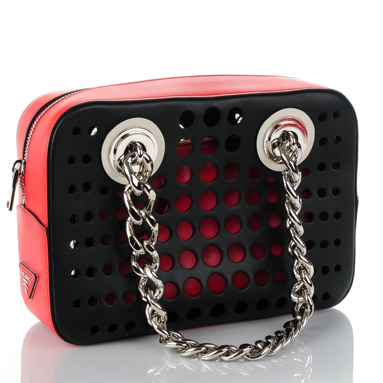 Prada Perforated Calfskin City Fori Chain Shoulder Bag Nero Lacca 3 of 8