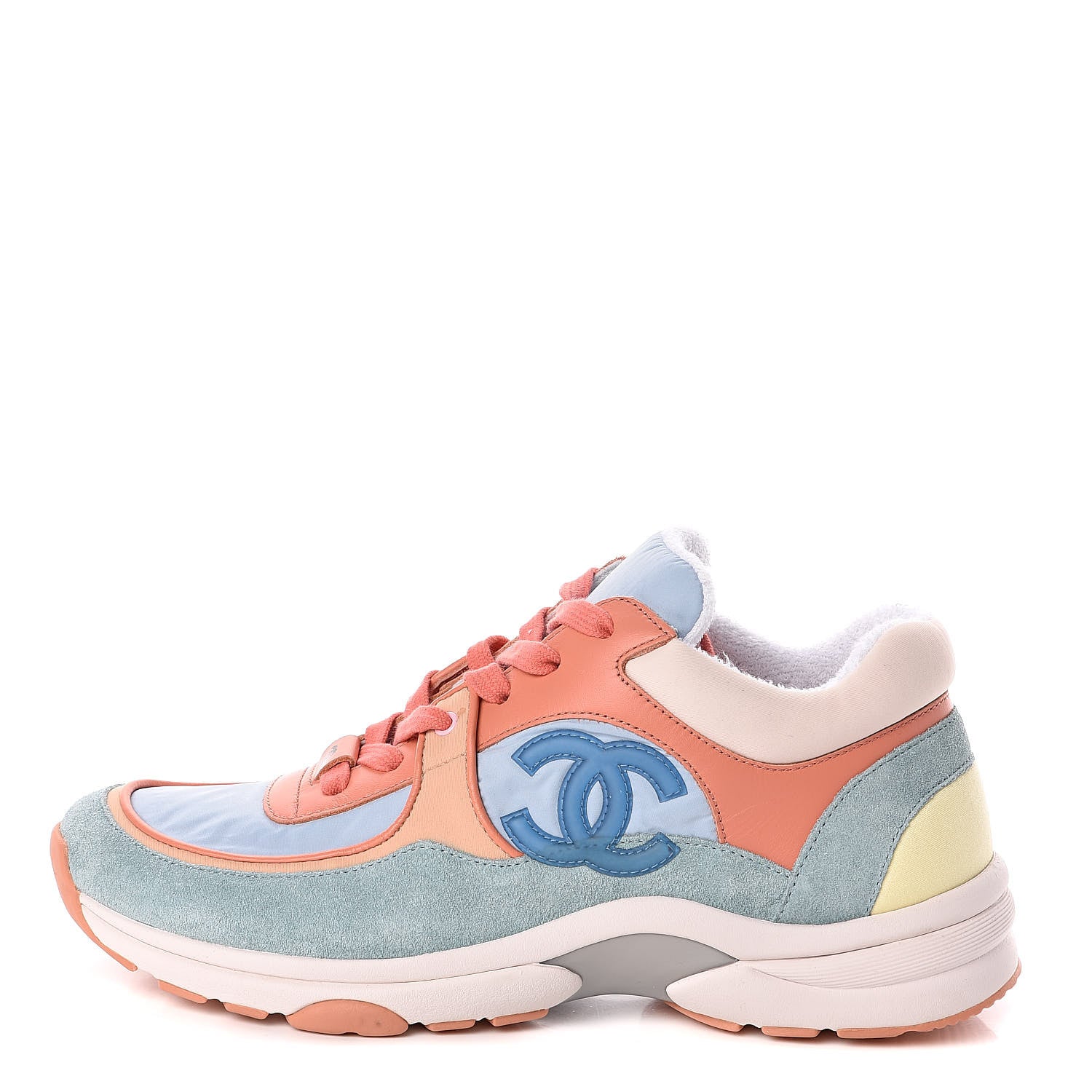 Chanel Nylon Lambskin Suede Calfskin CC Sneakers 38 Coral Light Blue White 1 of 9
