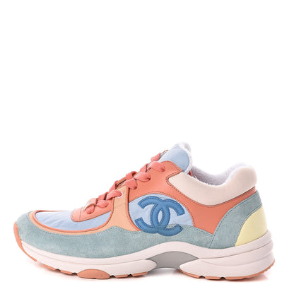 Chanel Nylon Lambskin Suede Calfskin CC Sneakers 38 Coral Light Blue White 1 of 9