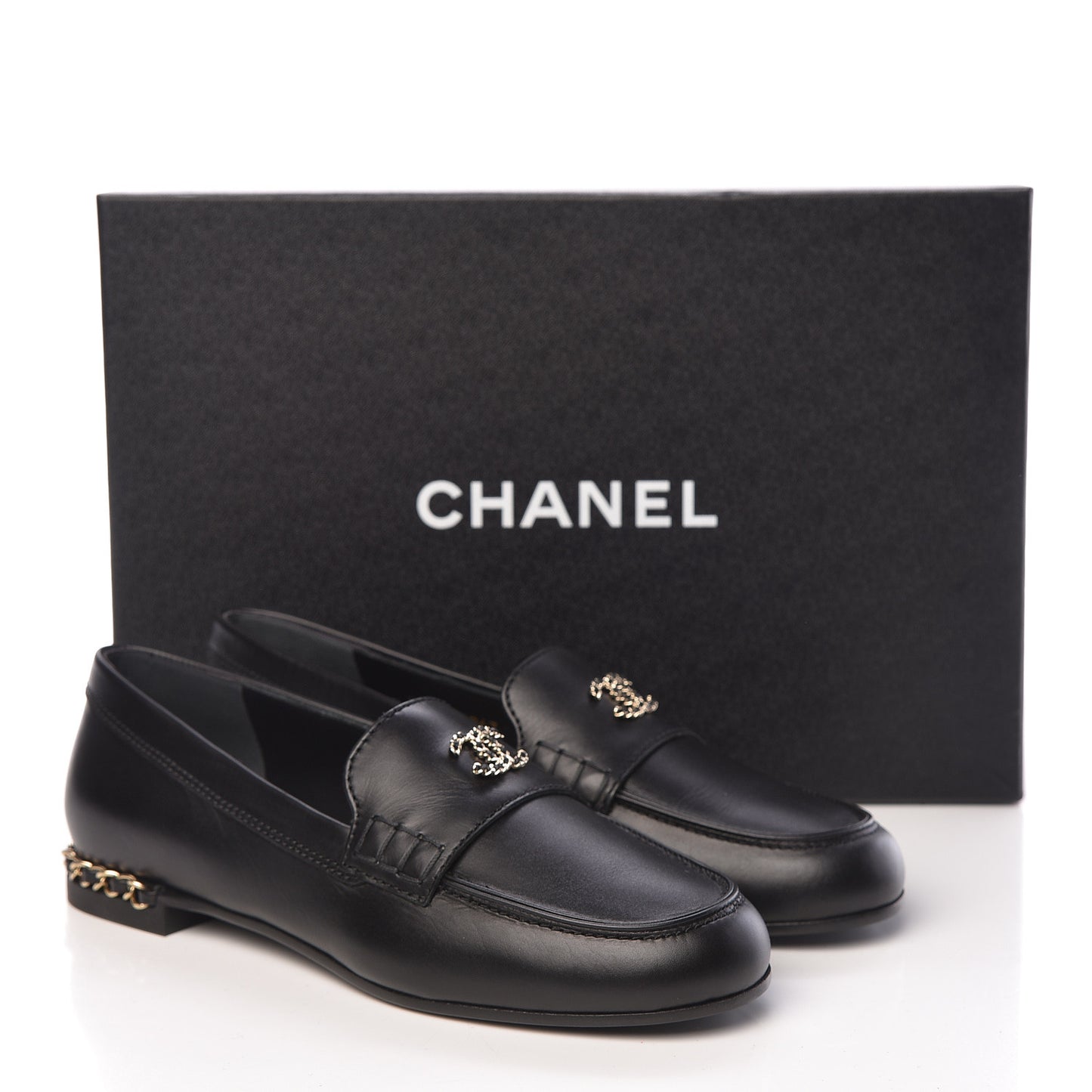 Calfskin CC Chain Mocassin Loafers 36 Black