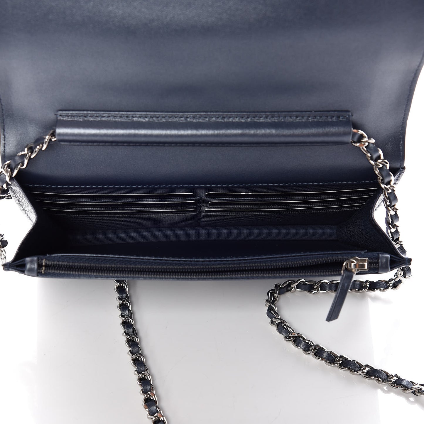 Goatskin Camellia Embossed Wallet On Chain WOC Dark Blue
