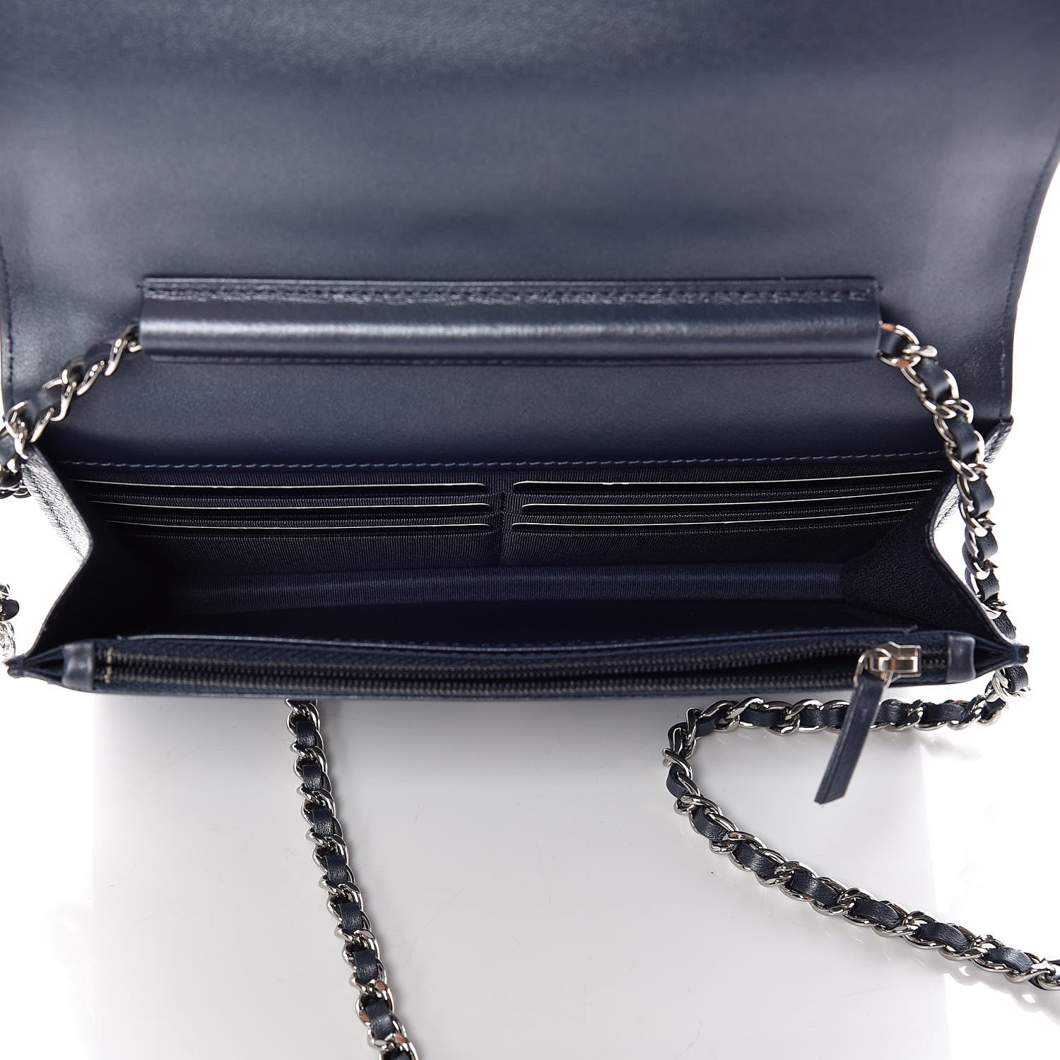 Chanel Goatskin Camellia Embossed Wallet On Chain WOC Dark Blue 7 of 10