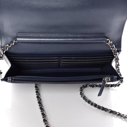 Chanel Goatskin Camellia Embossed Wallet On Chain WOC Dark Blue 7 of 10