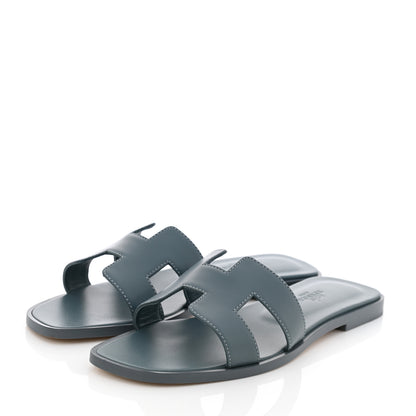 Hermes Box Calfskin Oran Sandals 38 Bleu Pinede 3 of 9