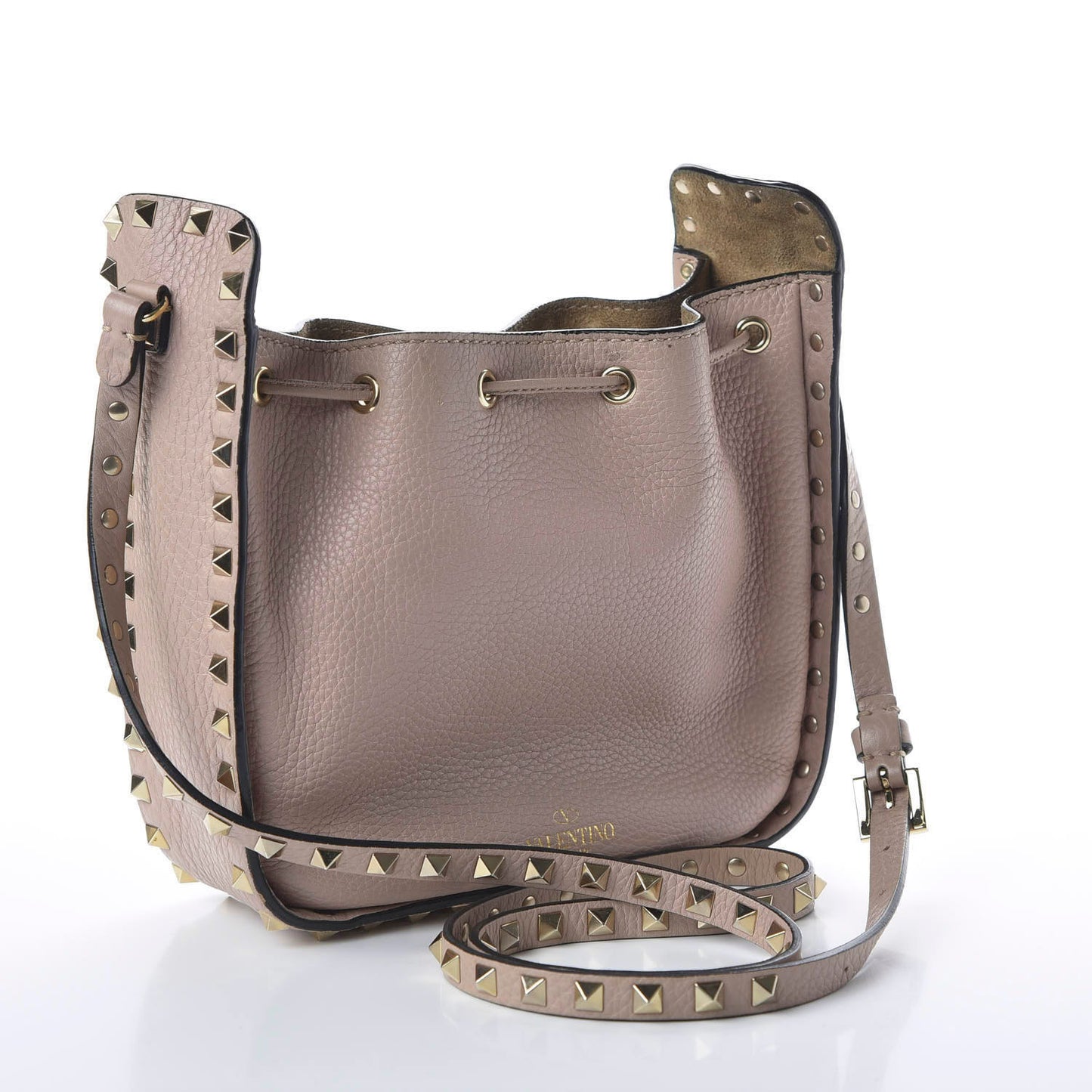 Grained Calfskin Rockstud Bucket Bag Poudre